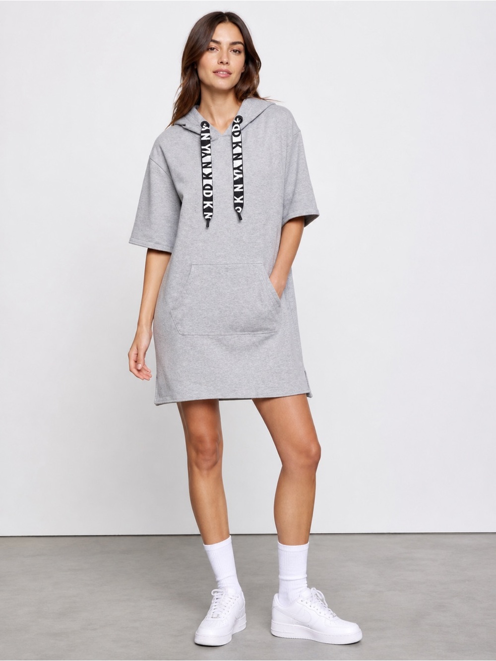DKNY Sport Hoodie Dress Gray Logo Drawstring Sweatshirt Dress Small